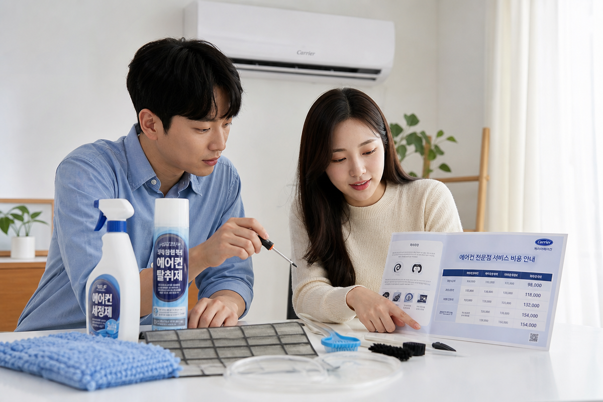 캐리어에어컨청소 비용 비교표를 보며 자가 청소 도구와 공식 서비스 안내서를 함께 검토하는 장면
