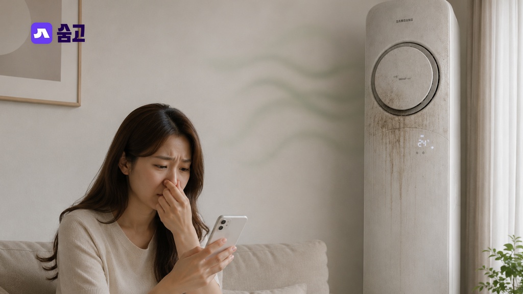 삼성 에어컨이 오염되어 냄새가 나고 청소가 필요한 상황
