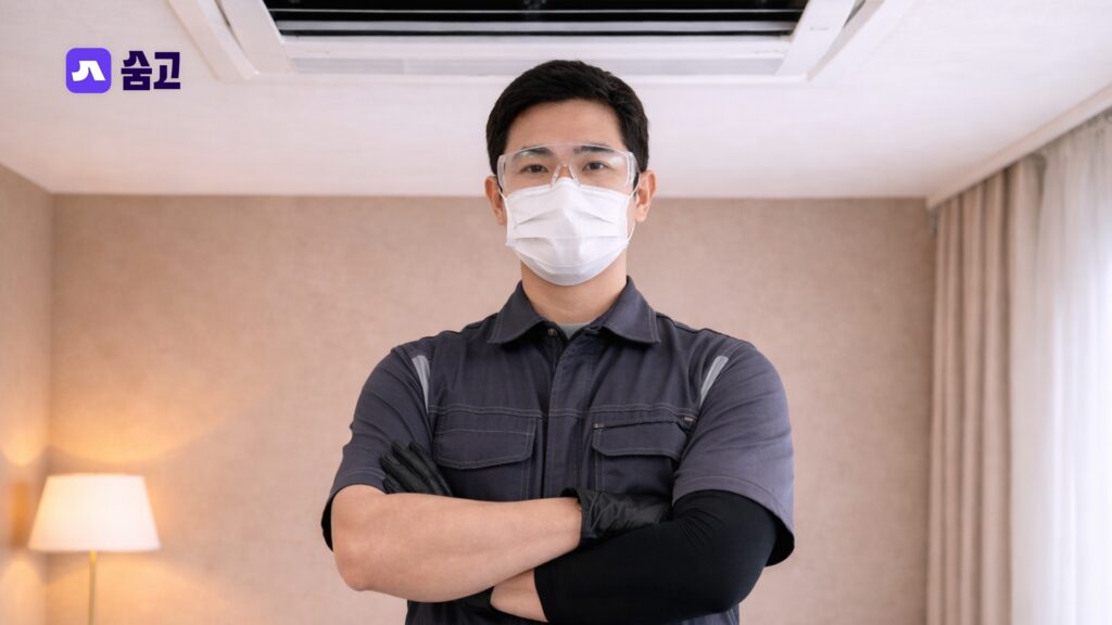 시스템 에어컨 청소 업체 선정 기준 설명하는 전문가가 서 있는 장면