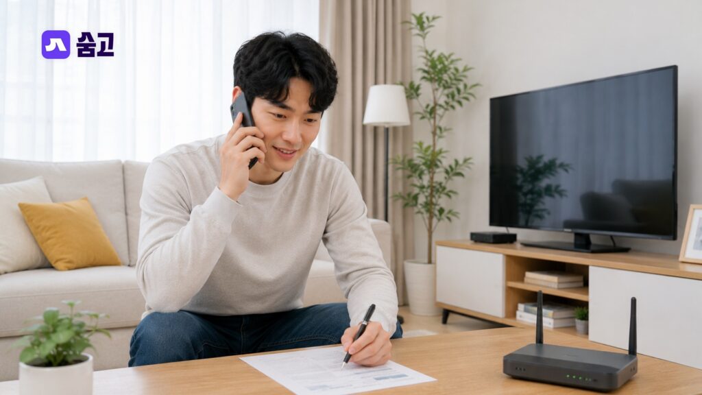 인터넷 재약정을 위해 고객센터에 전화로 문의하고 있는 남성