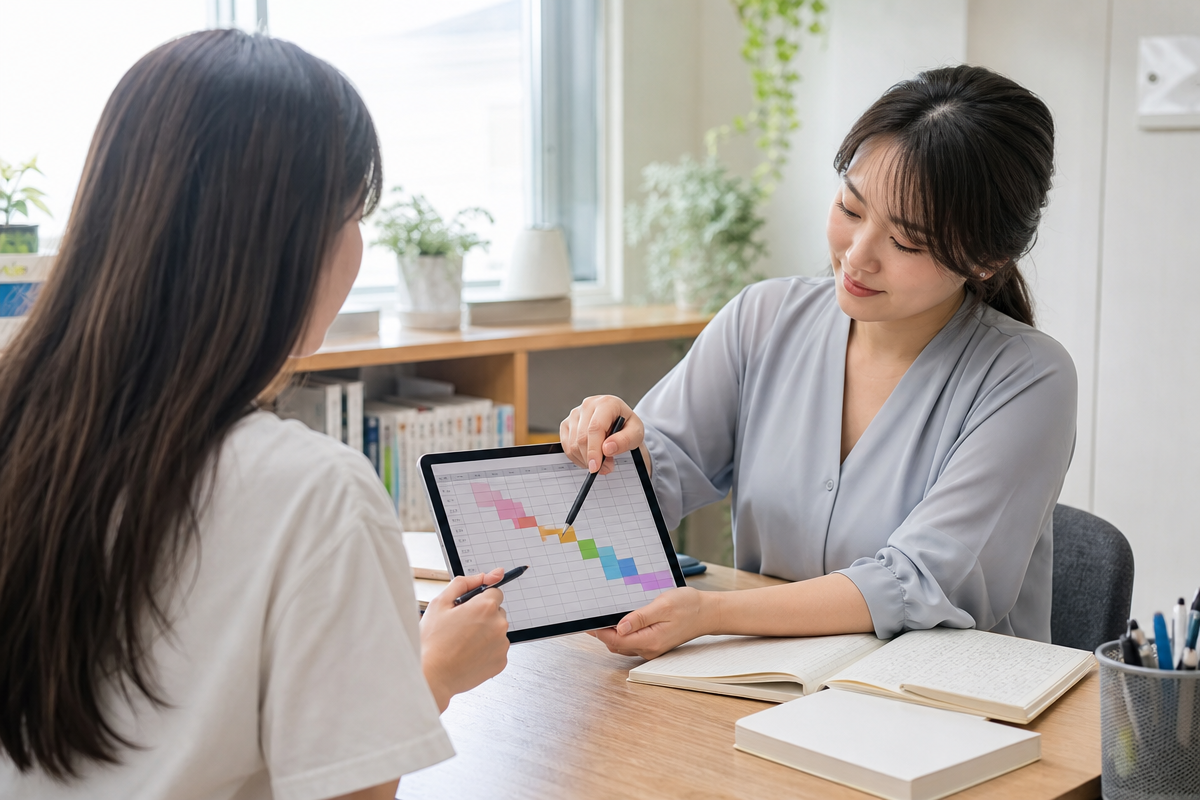 영어과외 수업 빈도와 기간을 상담하는 튜터와 학습자가 노트북으로 일정표를 함께 검토하는 장면
