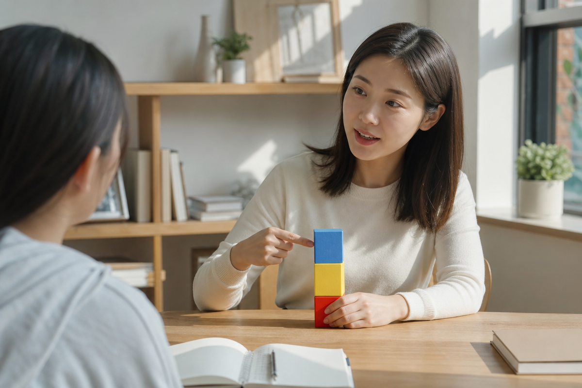 영어과외비용을 단계적으로 설명하는 강사와 학생이 책상 위에서 변수 수준을 블록으로 나누어 토의하는 장면