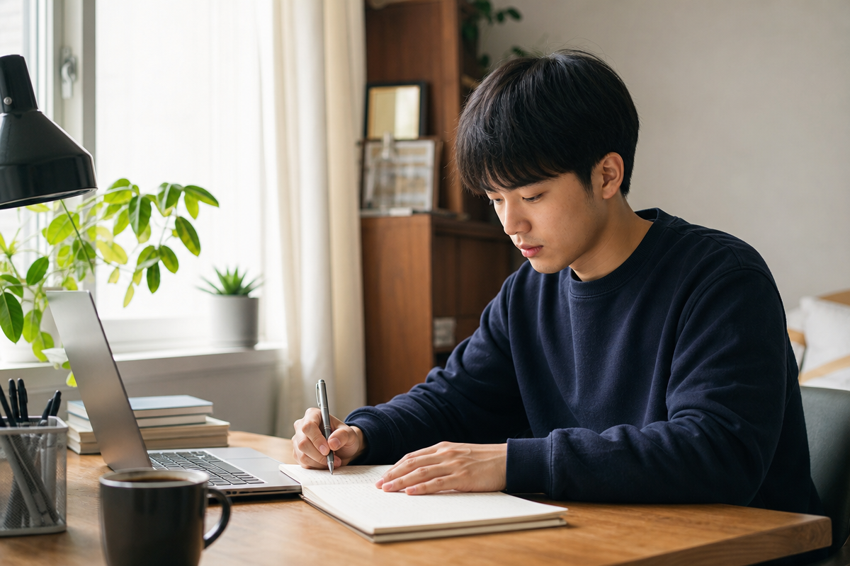노트북과 노트를 함께 활용해 원어민영어과외 수업 전 라이팅 준비를 하는 학습자의 모습