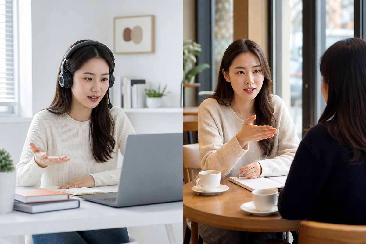 온라인 영어 과외와 대면 영어 과외의 시급 차이를 비교하는 장면으로, 노트북과 카페 수업이 함께 보이는 이미지