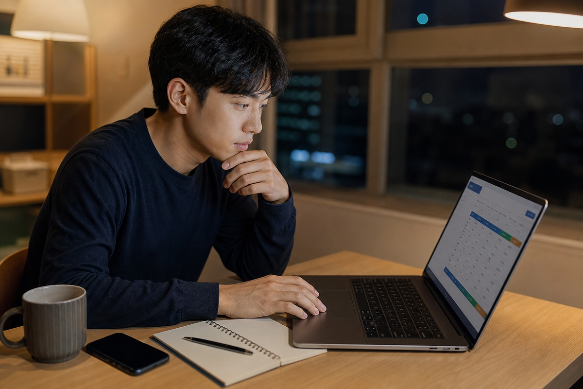 저녁 시간대 사무실 책상에서 영어 과외 가격과 수업 시간표를 비교하며 계획을 세우는 직장인의 모습