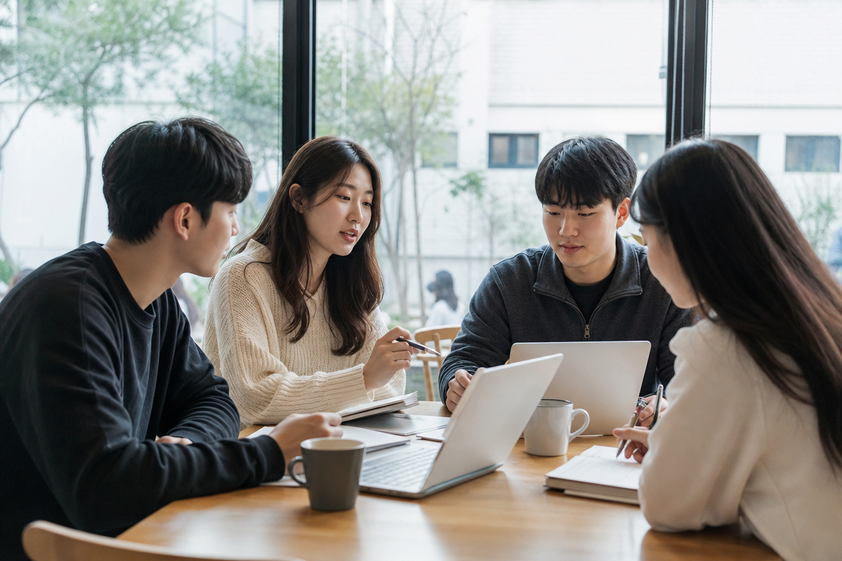 네 명의 학습자가 카페 테이블에서 영어과외비용 절약 방안을 논의하며 노트북과 노트를 펼쳐놓은 모습