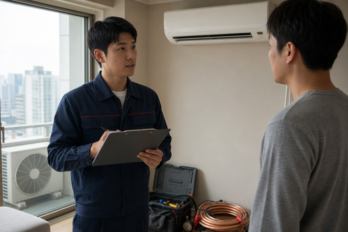 거실에서 설치 기사와 고객이 에어컨설치 비용 구조와 배관 연장, 앵글 추가비 등 견적 항목을 검토하는 모습
