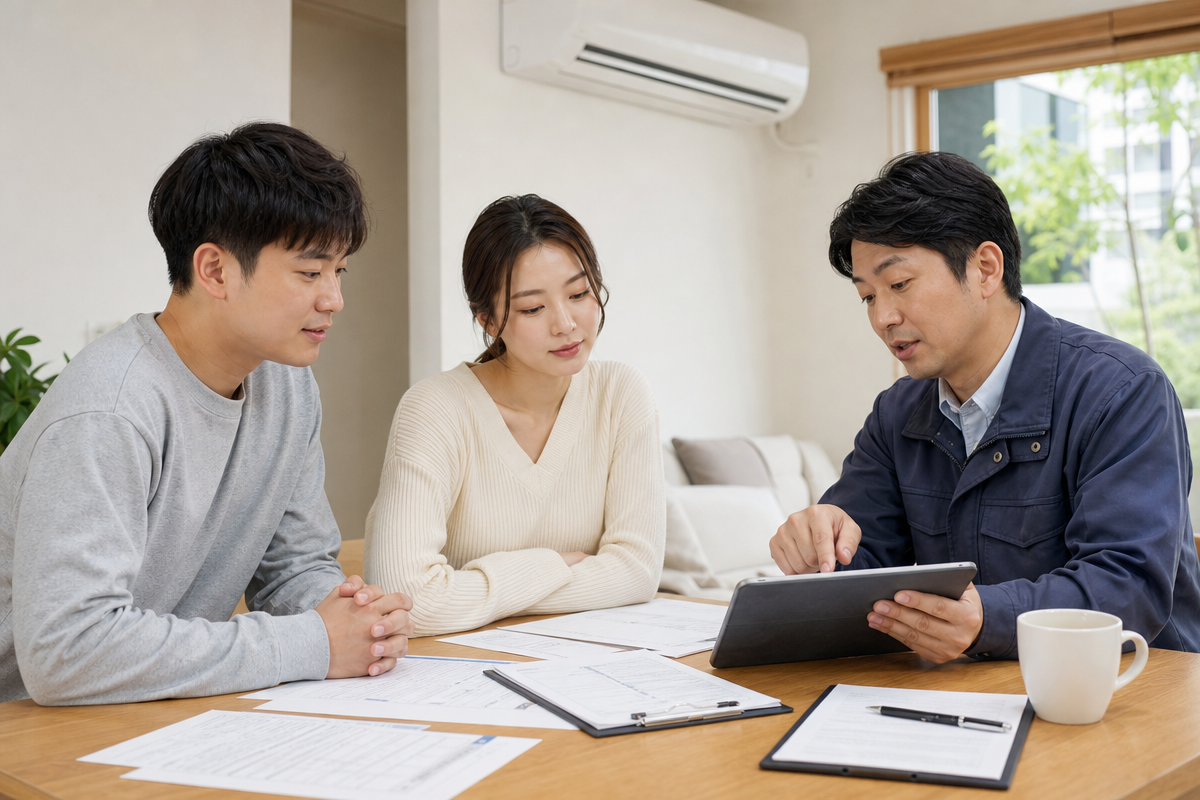 계약 전 에어컨이전설치 업체의 자격증과 보험 서류를 함께 검토하는 모습  