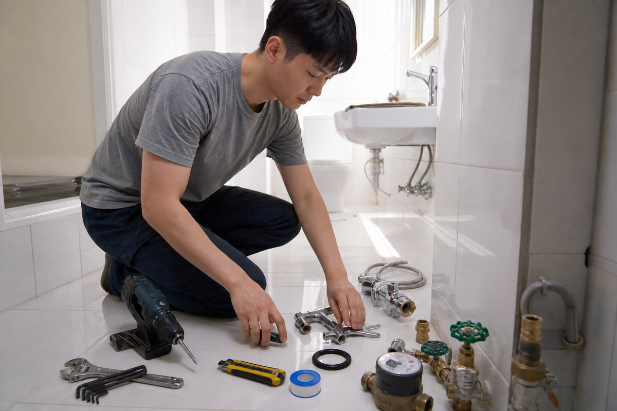 해바라기수전교체 전 몽키스패너·육각렌치·드릴 등 공구와 밸브를 준비하는 장면  