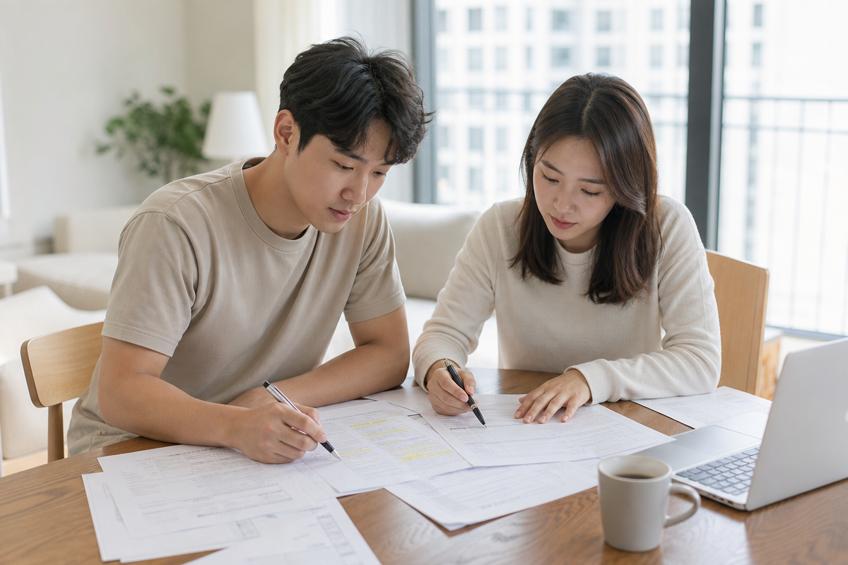 부부가 이사 계약서와 견적서를 꼼꼼히 검토하며 체크리스트를 확인하는 모습  
