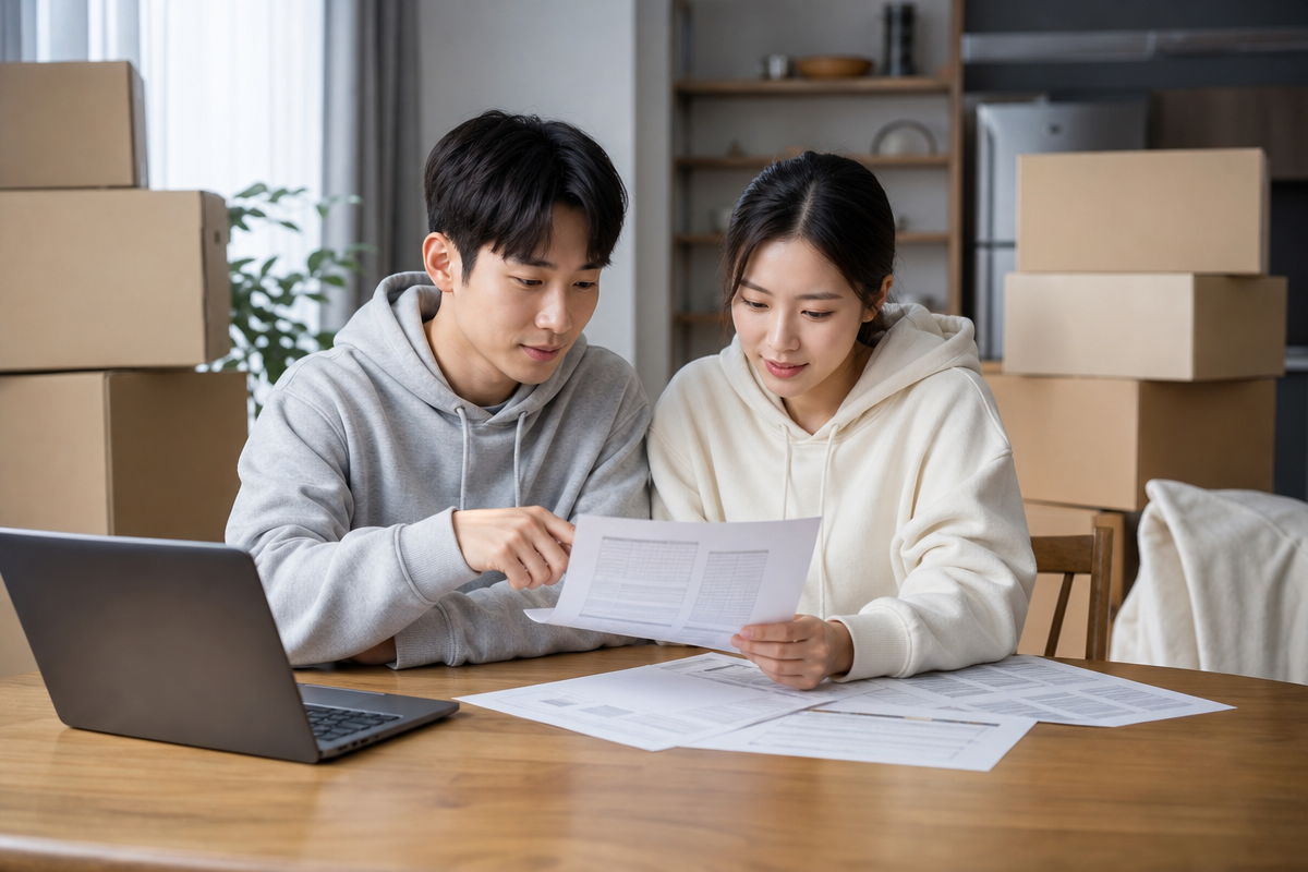 이사 견적서를 비교하며 항목을 점검하는 부부가 식탁에서 용달이사 비용을 계산하는 모습