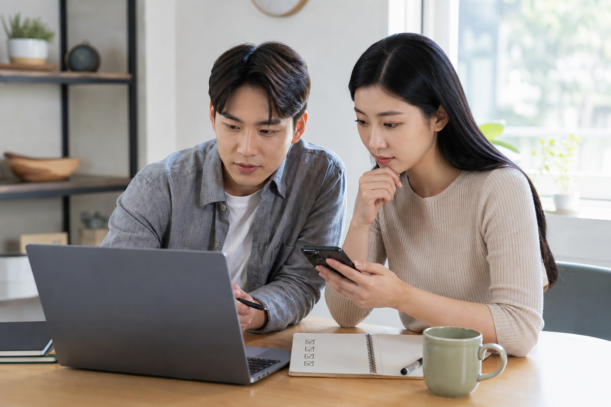 노트북과 스마트폰으로 용달견적을 비교하며 체크리스트를 확인하는 사람들의 모습