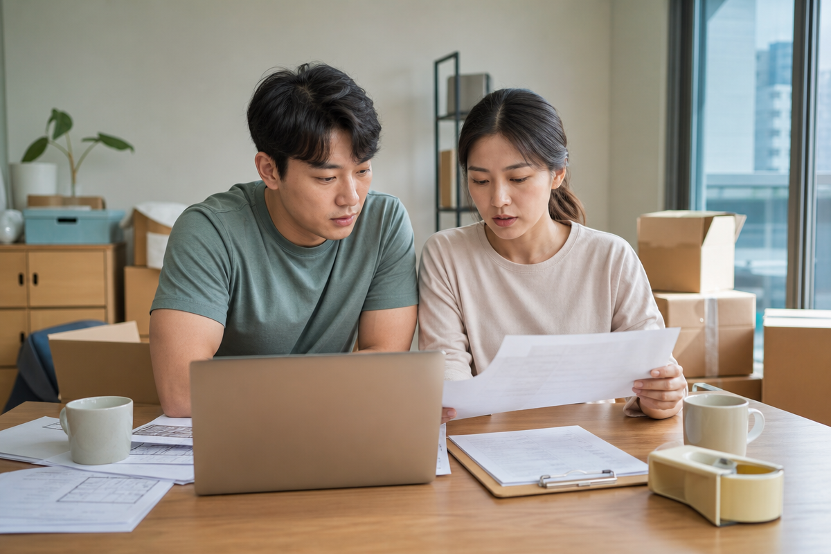 포장이사 견적서를 비교하며 방문견적과 온라인견적의 차이를 검토하는 부부가 탁자에 앉아 있다