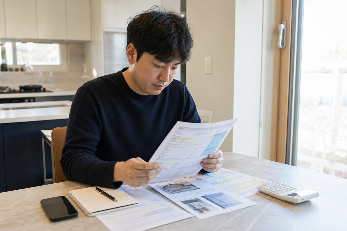 욕실수전교체비용 견적서를 검토하며 부품비와 공임비를 구분해 확인하는 남성이 책상에 앉아 계산기를 두고 체크리스트를 점검하는 모습