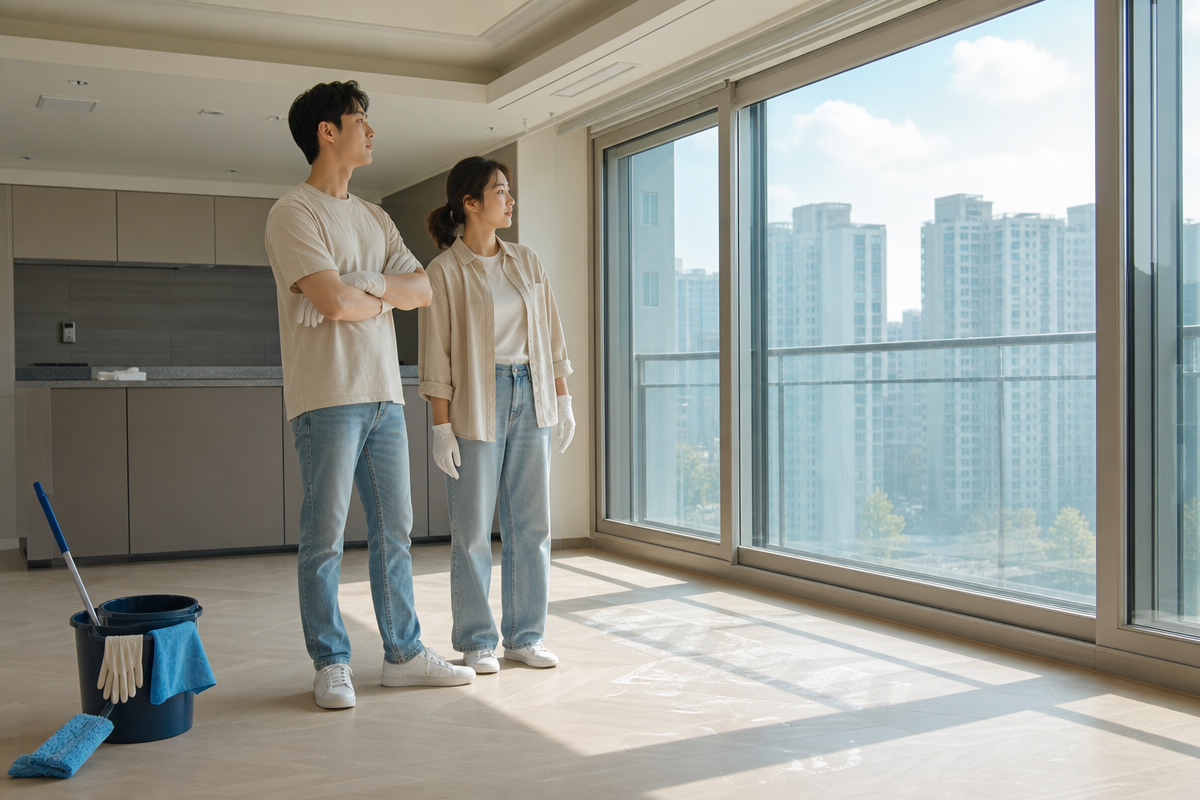 새 아파트 거실에서 입주 전 청소 준비 중인 부부가 분진 상태를 점검하는 모습, 울산입주청소 상황 표현  