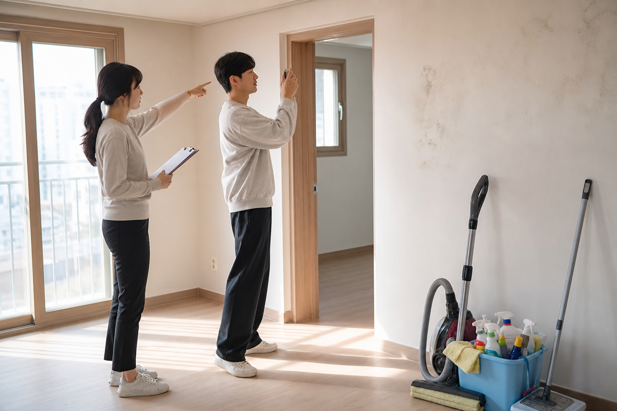 깨끗한 빈집에서 청소 전 상태를 점검하며 곰팡이와 분진 등 입주청소 추가요금 요인을 사진으로 기록하는 모습