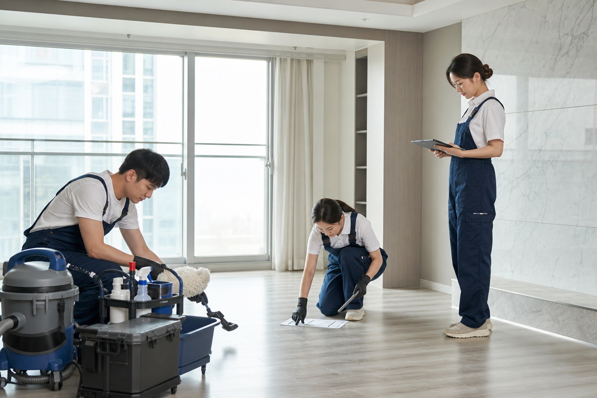 아파트 거실에서 세 명의 청소 인력이 장비를 정리하며 입주청소업체 비용 견적을 확인하는 장면