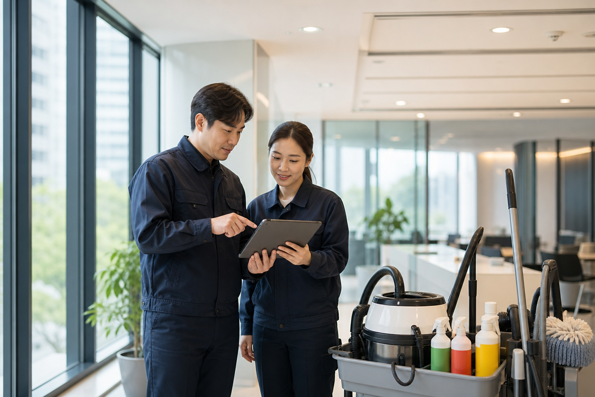 청소업체 운영형태와 장비 안전성, A/S 정책을 점검하는 관리자들이 친환경 장비와 세제를 확인하는 모습