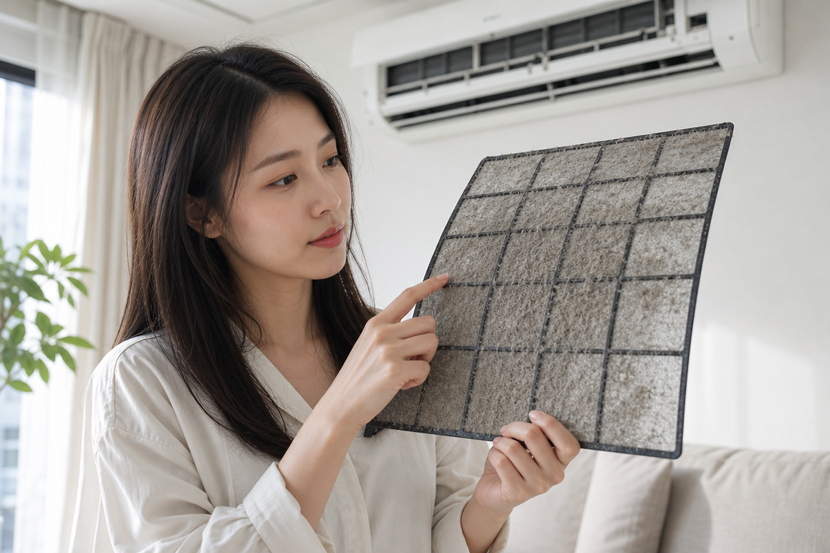 에어컨 필터를 꺼내 먼지를 살피며 청소 시기를 판단하는 여성의 모습으로 에어컨필터청소 필요성을 보여줌