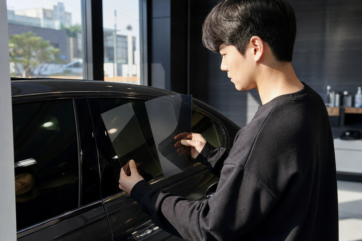 자동차 유리 썬팅 샘플 두 장을 비교하며 차썬팅 가격과 성능을 판단하는 남성의 모습