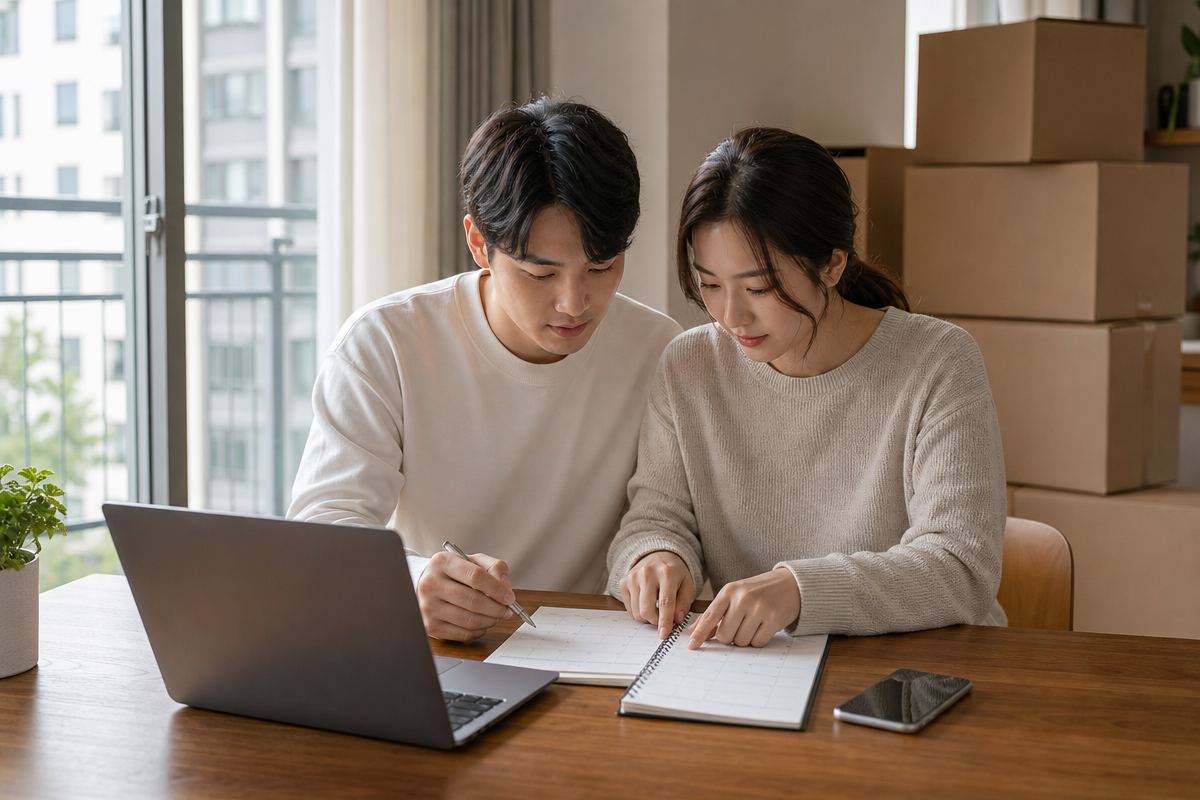 이사 일정표를 보며 입주청소 예약 시점을 계획하는 부부의 모습으로, 이사 당일 청소 스케줄 조율을 표현함