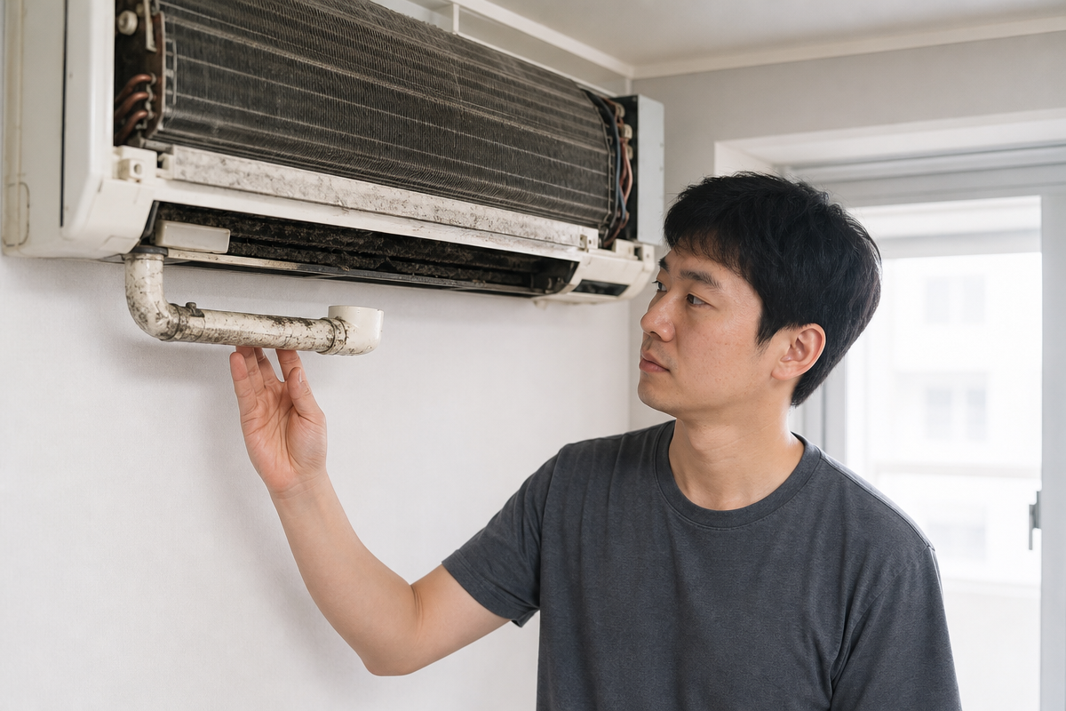 원룸 에어컨 내부 곰팡이와 드레인 오염을 확인하며 원룸에어컨청소 필요성을 살피는 장면