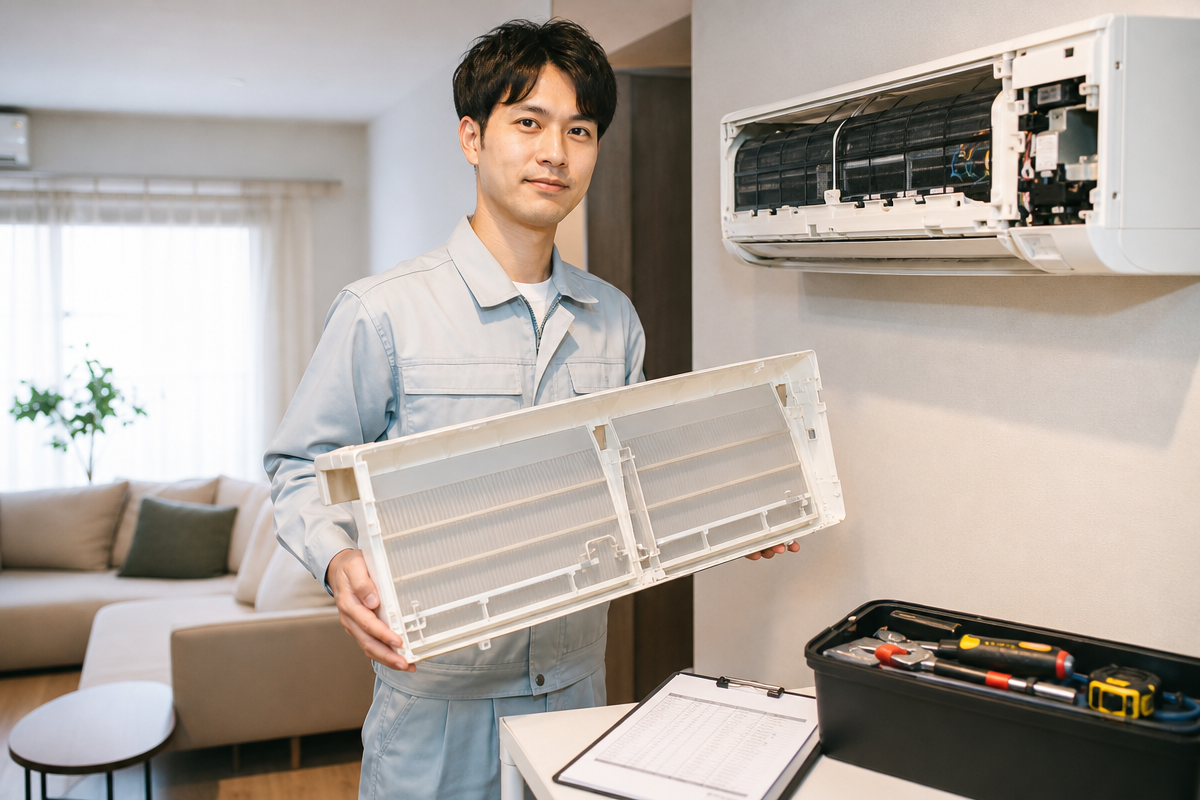 벽걸이형 에어컨을 분해해 내부를 점검하는 기술자가 청소 비용 견적서를 참고하며 작업 준비를 하는 모습, 울산에어컨청소 상황 묘사