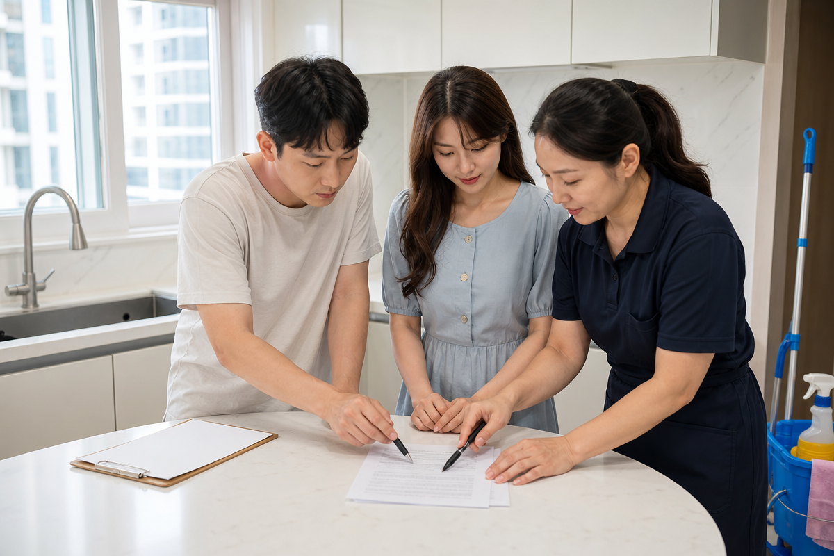 새 아파트 주방에서 청소 계약 전 체크리스트를 함께 검토하는 두 사람이 청소 도구와 함께 있는 모습으로 전주입주청소 장면을 표현