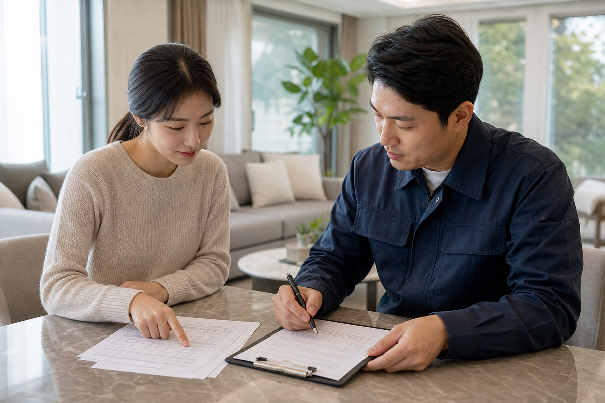 새 아파트 거실에서 입주청소 계약 전 체크리스트와 견적서를 함께 검토하는 부부의 모습  