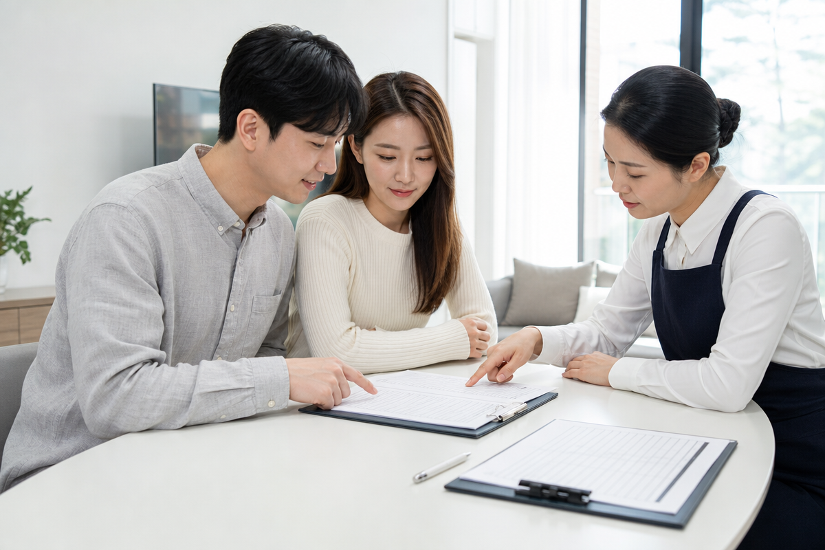 입주청소 계약 전 체크리스트를 검토하며 청소업체 상담 중인 부부와 담당자가 밝은 거실에서 서류를 검토하는 장면  