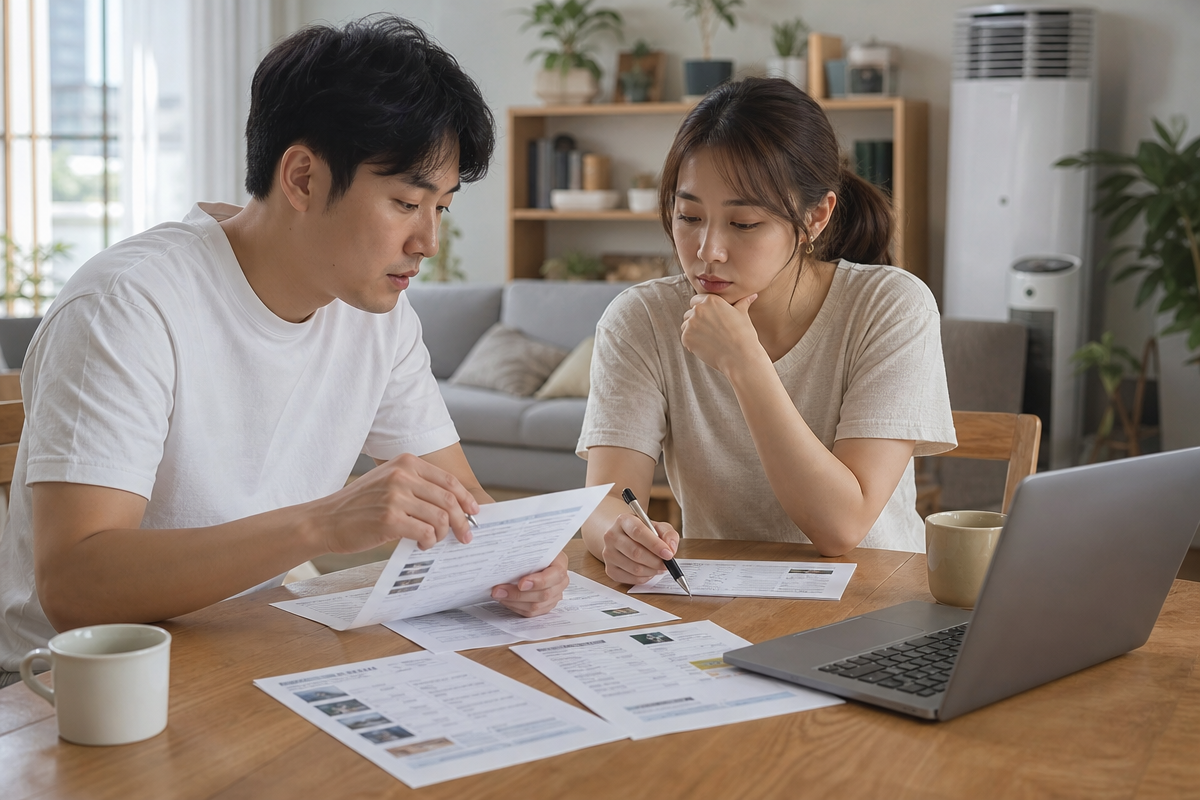 거실 테이블에서 에어컨청소 견적서를 비교하며 체크리스트를 점검하는 부부의 모습, 울산에어컨청소 선택 기준을 표현
