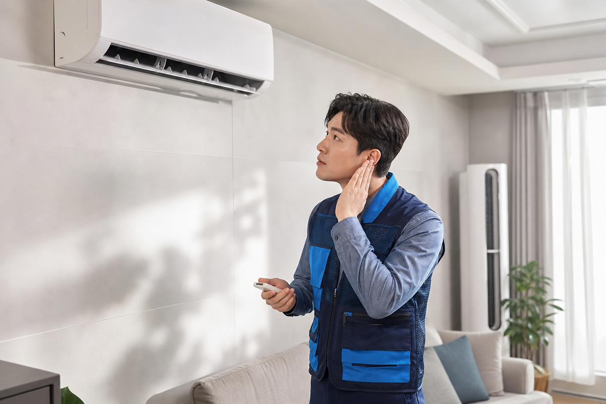 에어컨 청소 후 냉방과 소음을 점검하는 남성이 실내에서 리모컨으로 시험운전을 하는 모습