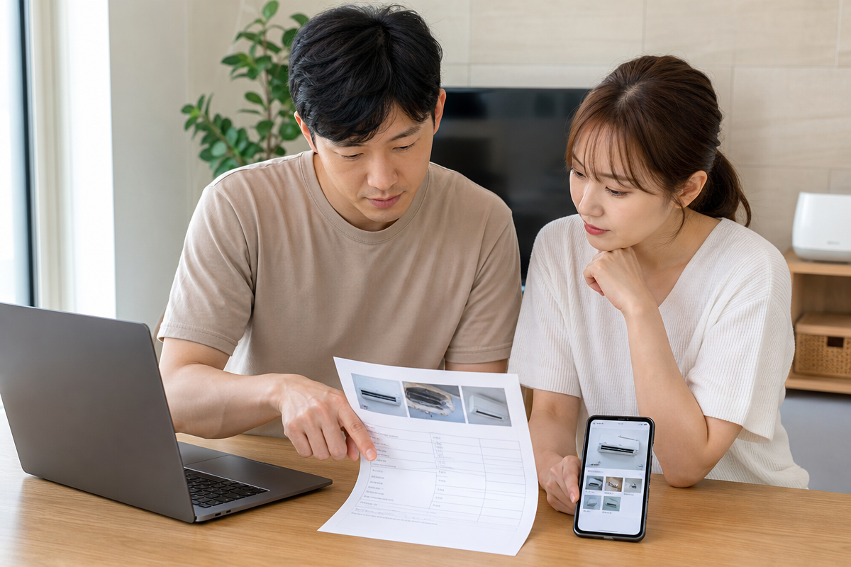 에어컨 청소 비용 견적과 서비스 예약 절차를 확인하며 체크리스트를 검토하는 장면