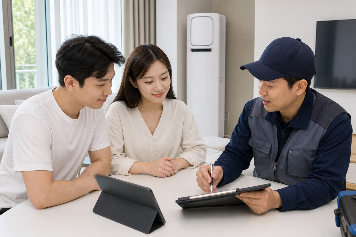 거실 테이블에서 에어컨 청소 계약 전 체크리스트를 검토하는 고객과 기술자의 모습, 청주에어컨청소 상담 장면