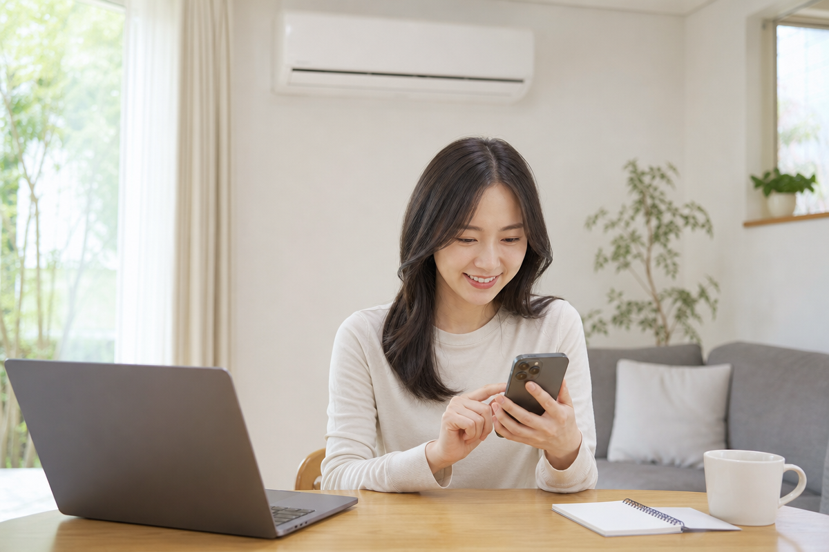 노트북으로 청주에어컨청소 예약을 비교 견적하는 여성이 봄 햇살 아래 거실 책상에 앉아 있는 모습