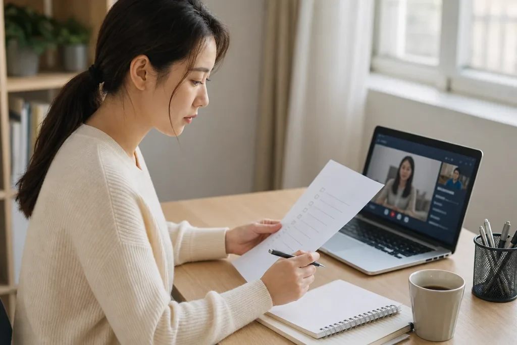 성인영어과외 등록 전 체크리스트를 확인하며 노트북과 종이를 함께 살펴보는 여성의 모습