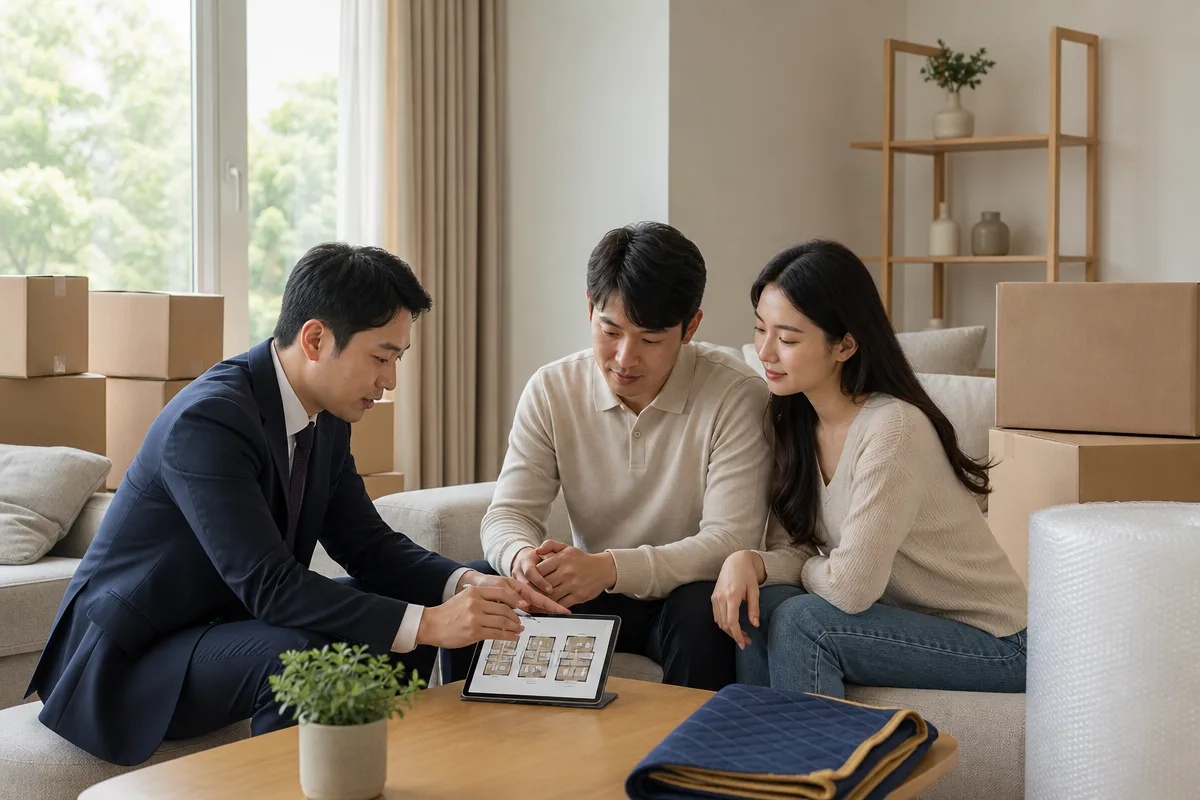 포장이사·반포장이사·용달이사 중 선택을 돕기 위해 상담사가 고객에게 서비스 차이를 설명하는 장면  