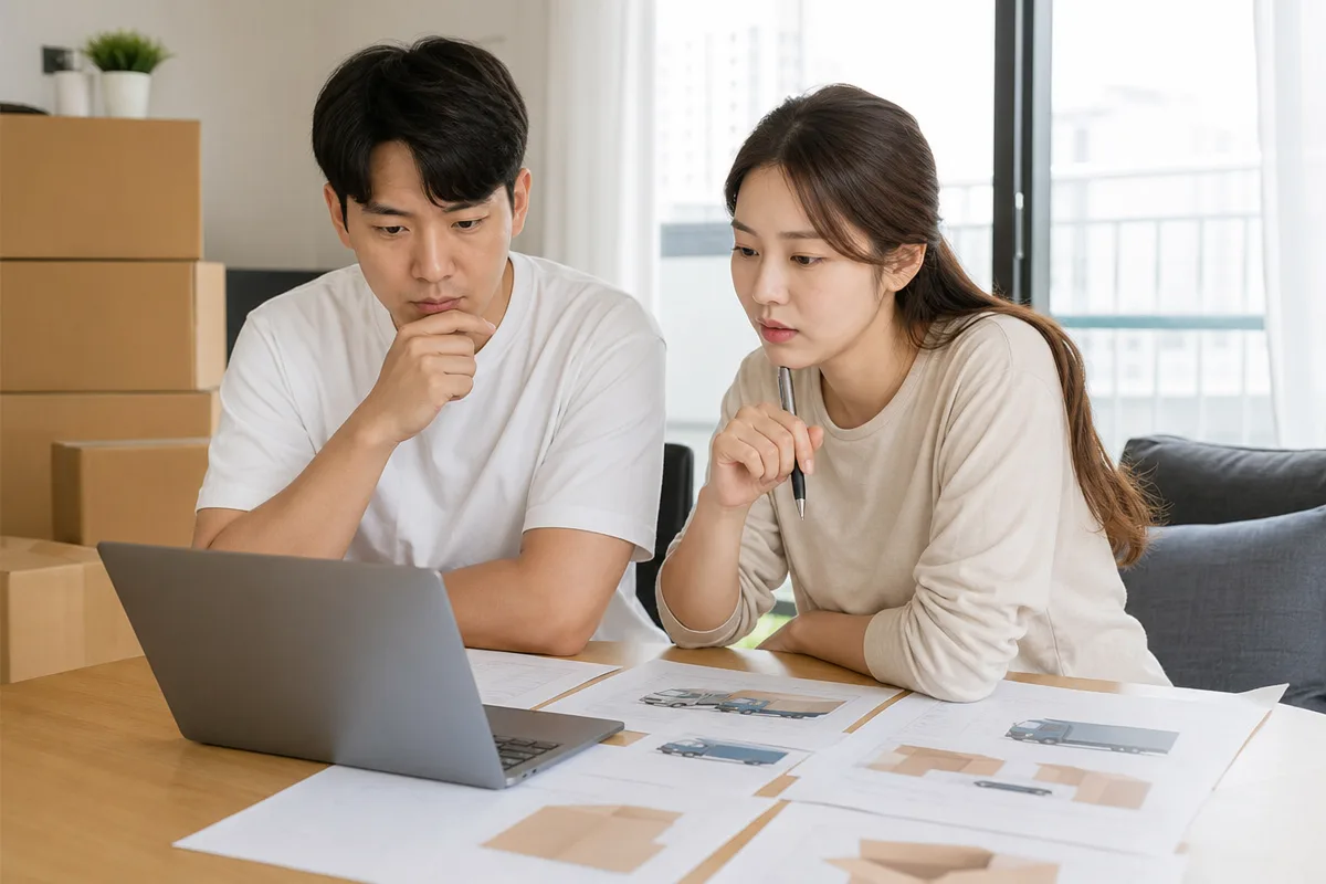 부부가 노트북으로 이사비용 견적을 비교하며 상자와 짐을 정리하는 장면  