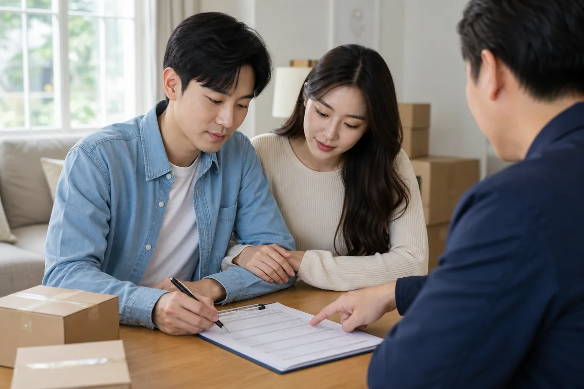 거실 테이블에서 이사업체 계약서를 꼼꼼히 확인하며 서명하는 부부의 모습  