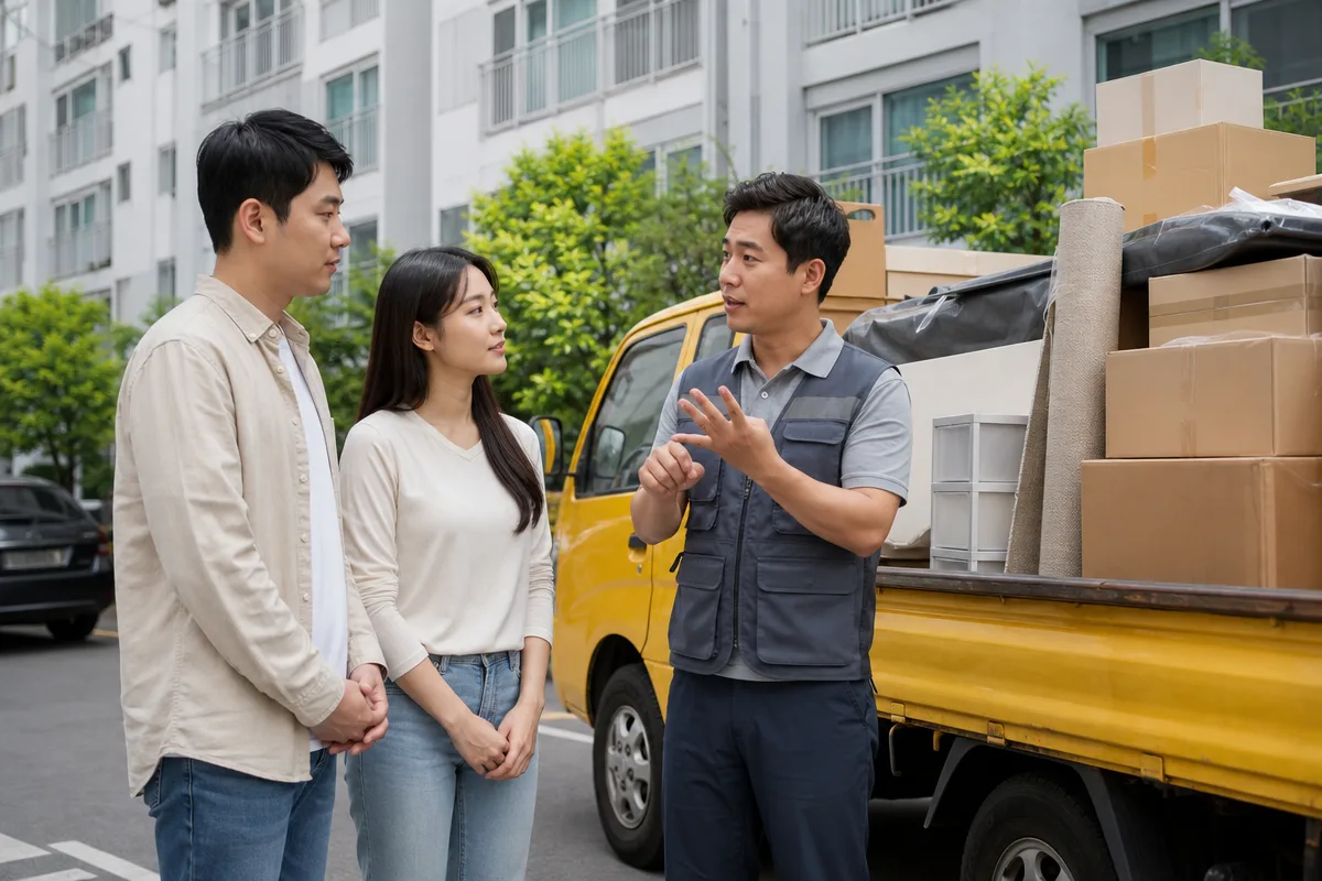 아파트 주차장에서 1톤 트럭 옆에서 기사와 고객이 운송만·기사도움·반포장 등 용달이사비용 유형을 상담하는 모습  