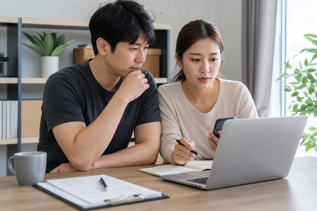 노트북과 스마트폰으로 용달 견적을 비교하며 체크리스트를 확인하는 두 사람이 밝은 방에서 상담 준비 중인 모습