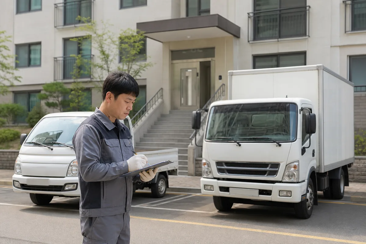 아파트 앞에서 1톤과 2.5톤 트럭을 비교하며 거리와 짐 양, 층수에 따른 용달이사비용을 계산하는 장면  