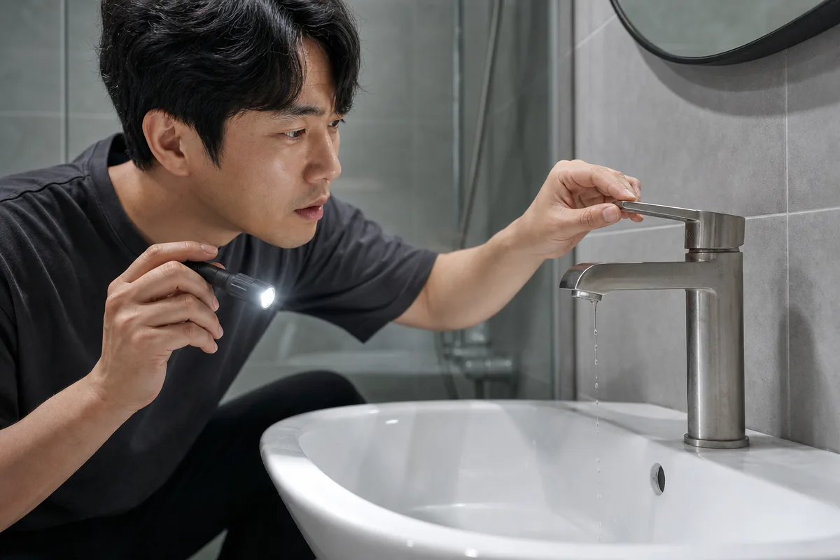 세면대 수도꼭지에서 물이 뚝뚝 떨어져 사용자가 수전 상태를 점검하는 장면으로, 화장실 수전 교체 필요 여부를 진단하는 모습