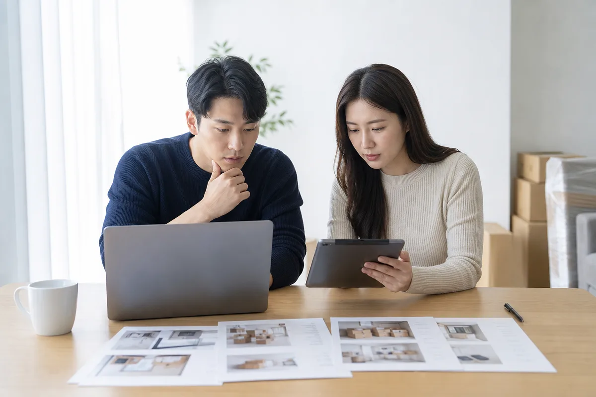노트북과 견적서를 함께 검토하며 용달이사비용을 비교하는 장면으로, 정확한 견적 확인 과정을 보여줌  