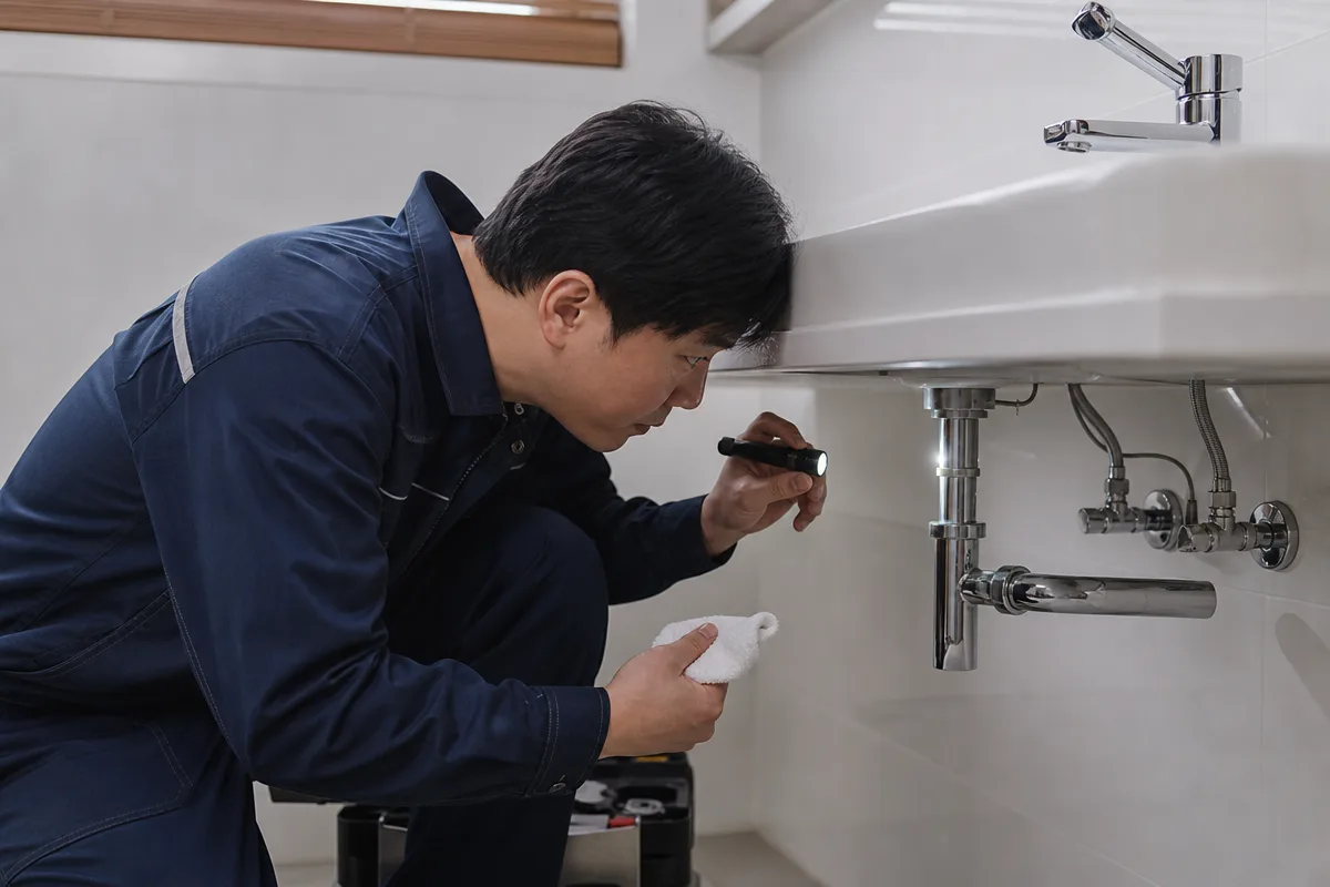 욕실 세면대 수전 연결부를 마른 수건으로 닦으며 누수를 점검하는 장면으로, 화장실 수전 교체 후 점검 절차를 보여줌
