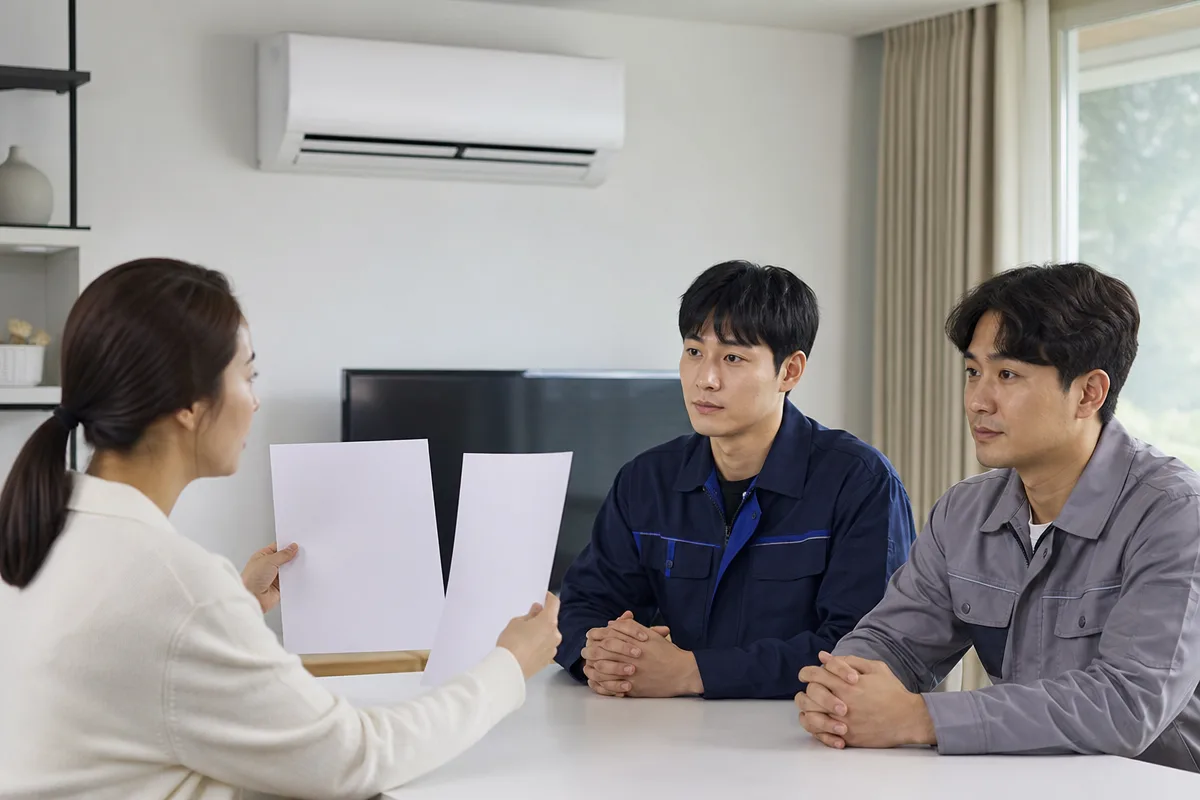 거실에서 LG에어컨이전설치 견적서와 서비스업체를 비교하는 모습