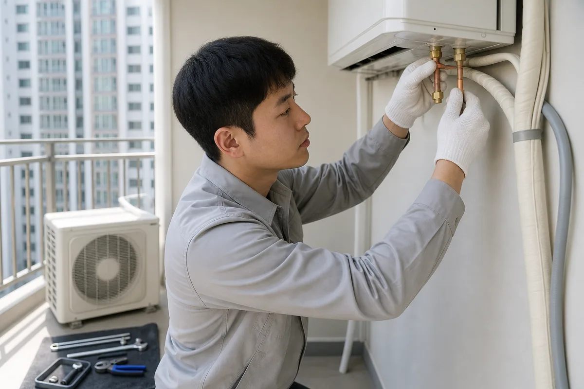 실내기와 실외기를 연결하는 삼성에어컨이전설치비용 관련 작업 모습