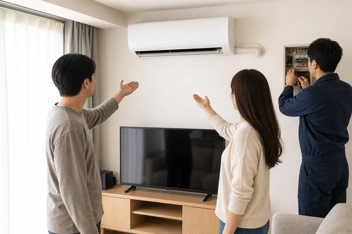 아파트 거실에서 에어컨이전설치 전 실내기와 전기 패널을 점검하는 모습