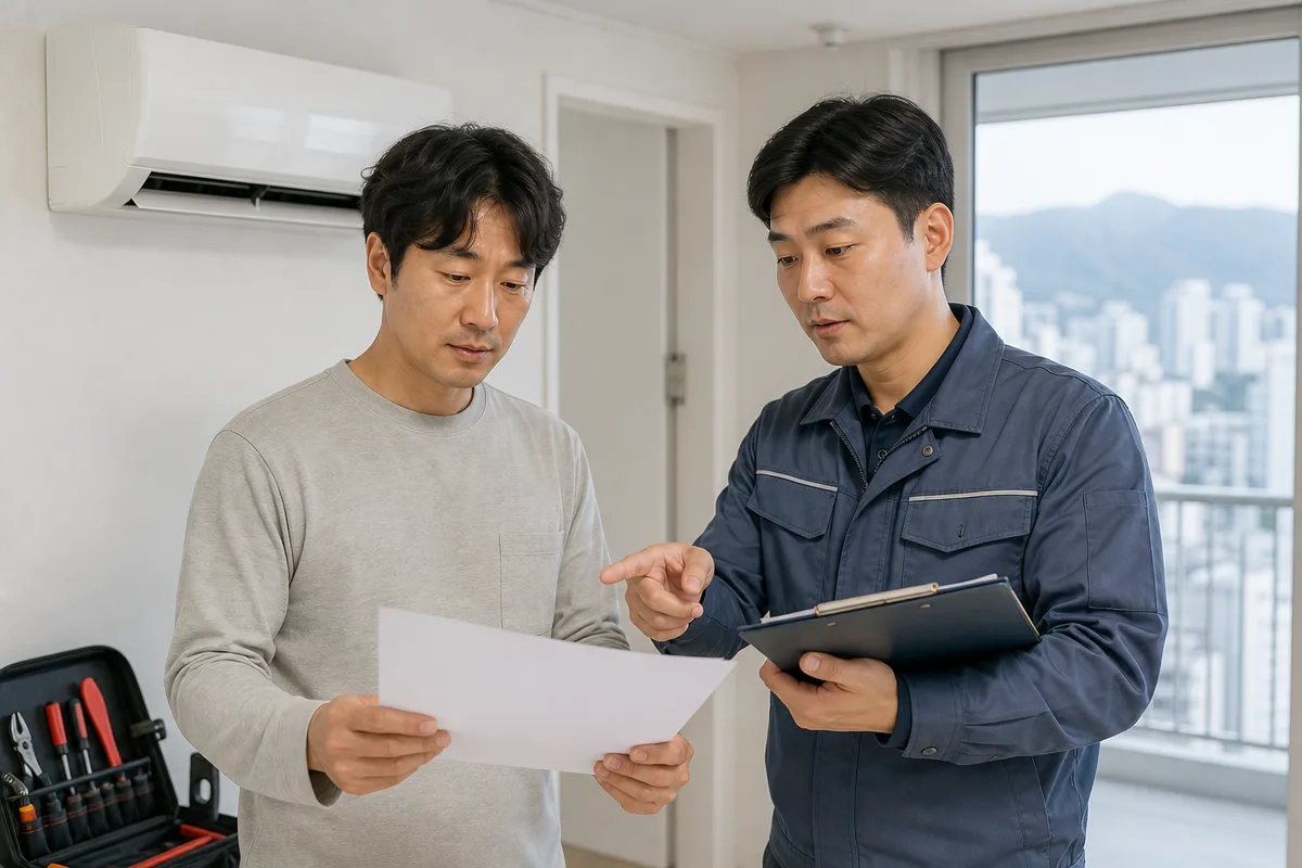 대구에어컨설치 전 고객과 기술자가 현장 견적서와 설치 상태를 확인하는 모습