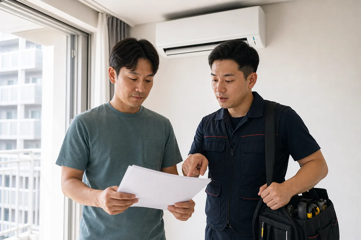 에어컨이전설치비용 견적을 확인하며 설치 조건을 상담하는 모습